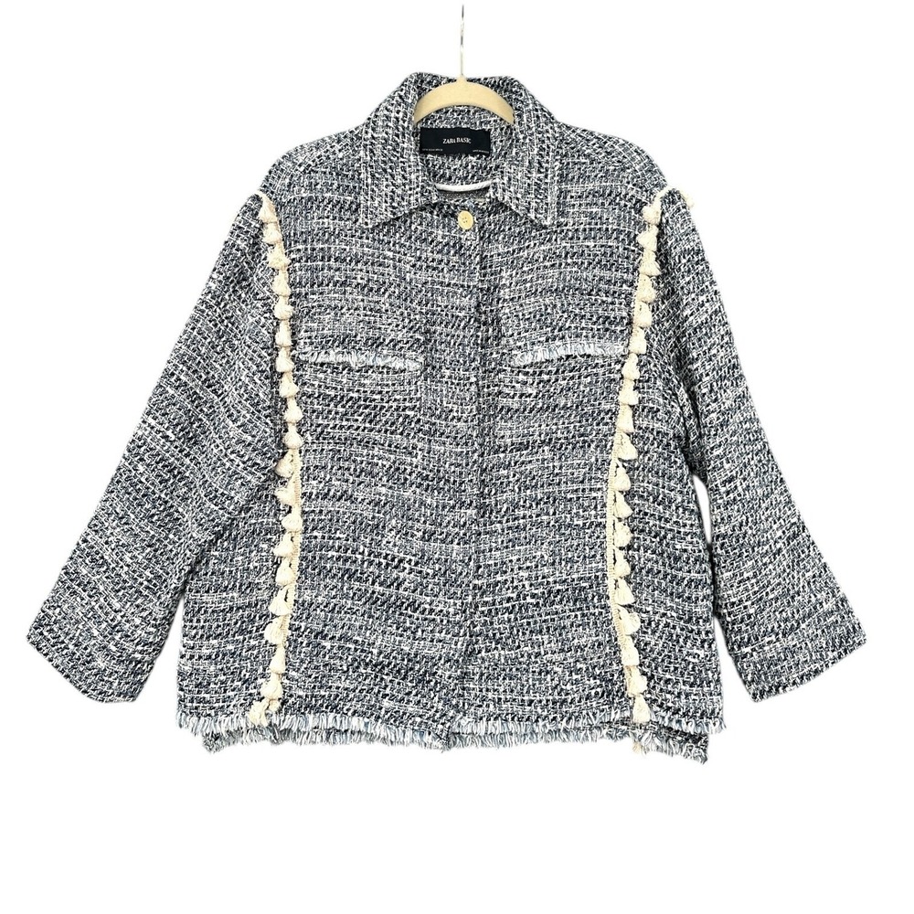 Zara Basic Tassel Trim Tweed Jacket Womens M Cotton Blend Blue White